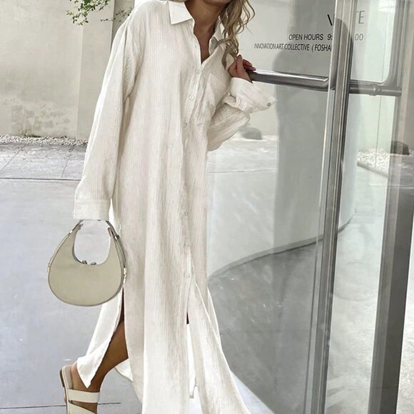 White Casual Womens Oversized Loose Maxi Shirt Dress - Picture 4 of 5